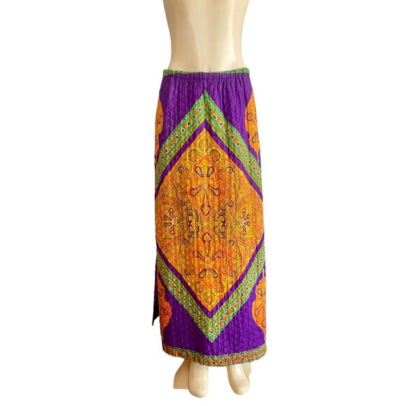 Vintage 70s Quilted Maxi Skirt by Loomtogs Bohemian Size S M in Purple Orange. - Picture 2 of 10